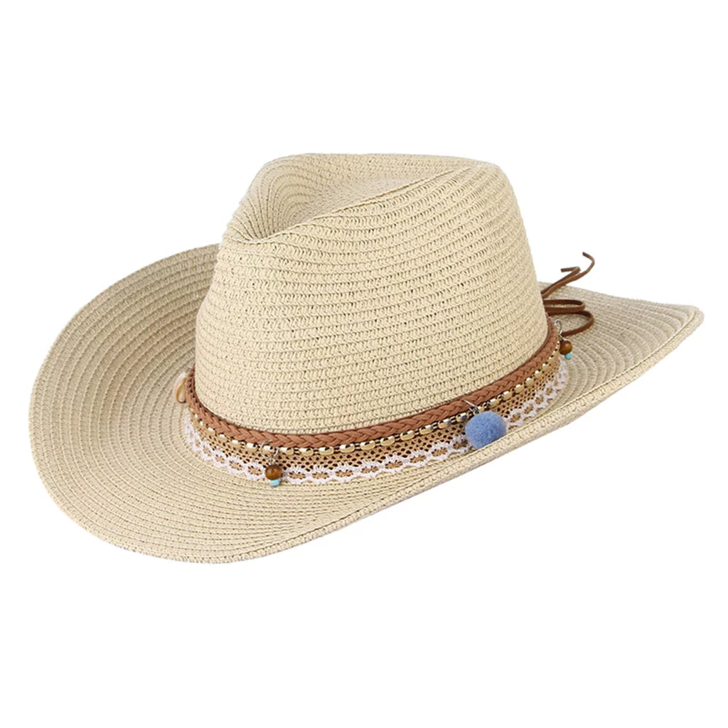 Women straw sun hat cowboy western style big brim floppy packable trilby beige