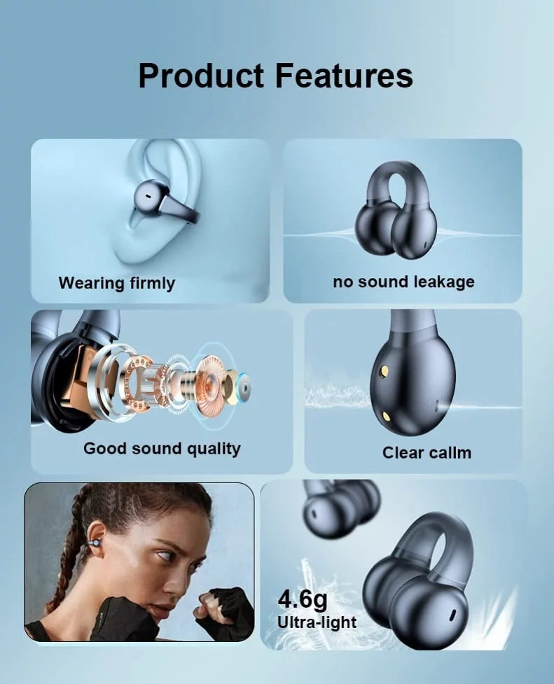 Wireless ear-clip tws earphones for samsung galaxy z fold5/flip5 phones - bluetooth earbuds bone conduction headphones true stereo charging case hands-free d9g compatible with galaxy z fold5/flip5