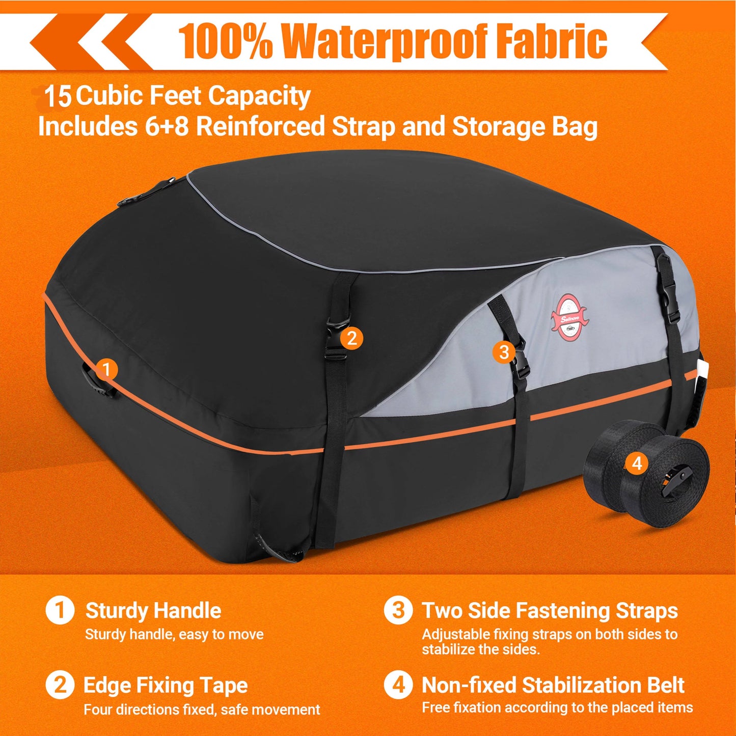 Adnoom car roof bag 100% waterproof rooftop cargo carrier, 16 cu ft car luggage storage bag, soft sided car top carrier bag black, orange