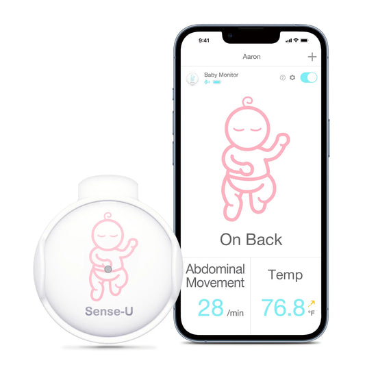 Sense-u smart baby abdominal movement monitor - tracks baby's abdominal movement, temperature, rollover and sleeping position for baby safety with instant audio alerts on smartphones, pink