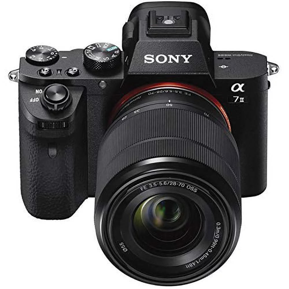 Sony alpha a7 ii mirrorless camera with fe 28-70mm f/3.5-5.6 oss lens ilce7m2k/b with bag, additional battery, rode mic, led light, 64gb memory card, sling soft bag, , plus essential accessories