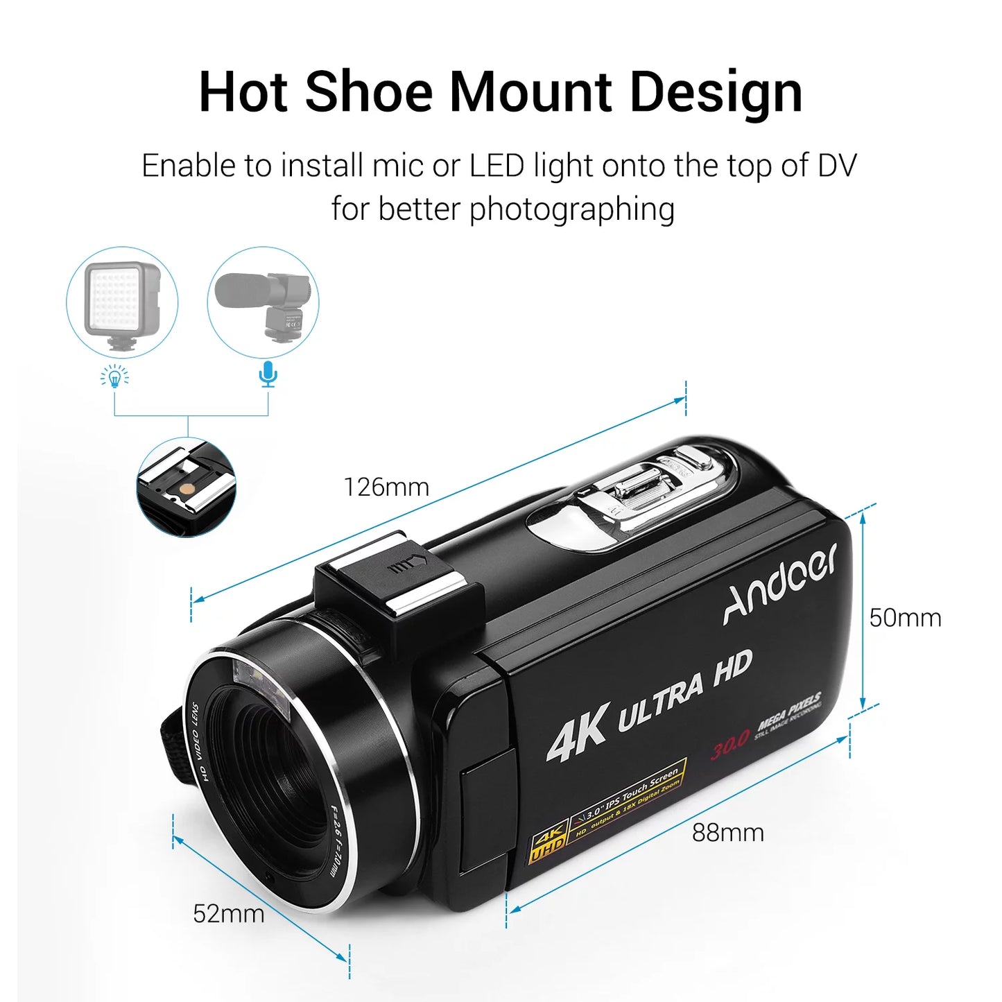 Andoer 4k handheld dv professional digital video cmos sensor camcorder with 0.45x wide angle lens with macro hot shoe mount 3.0 inch ips monitor burst -shaking function