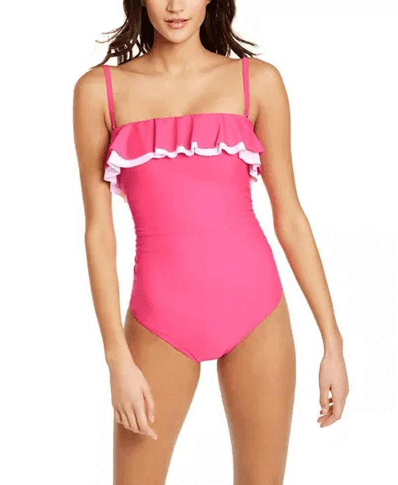 Tommy hilfiger pink solid ruffle strapless one-piece swimsuit, us 12