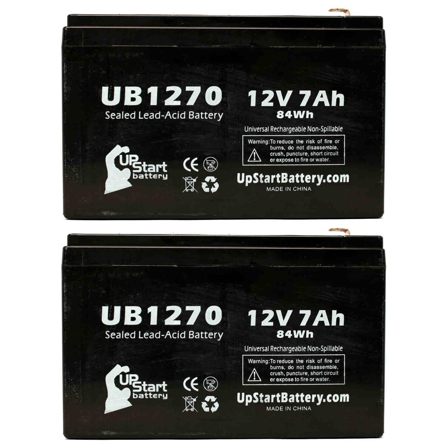 2x pack - compatible upsonic pcm200vr battery - replacement ub1270 universal sealed lead acid battery (12v, 7ah, 7000mah, f1 terminal, agm, sla) - includes 4 f1 to f2 terminal adapters