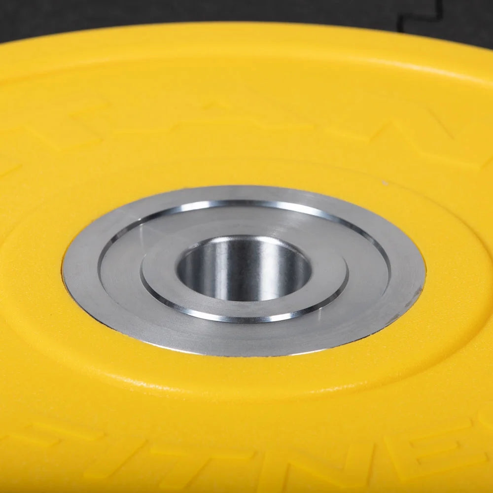 Titan fitness 15 kg color urethane bumper plates, sold individually, yellow colored mold with steel insert