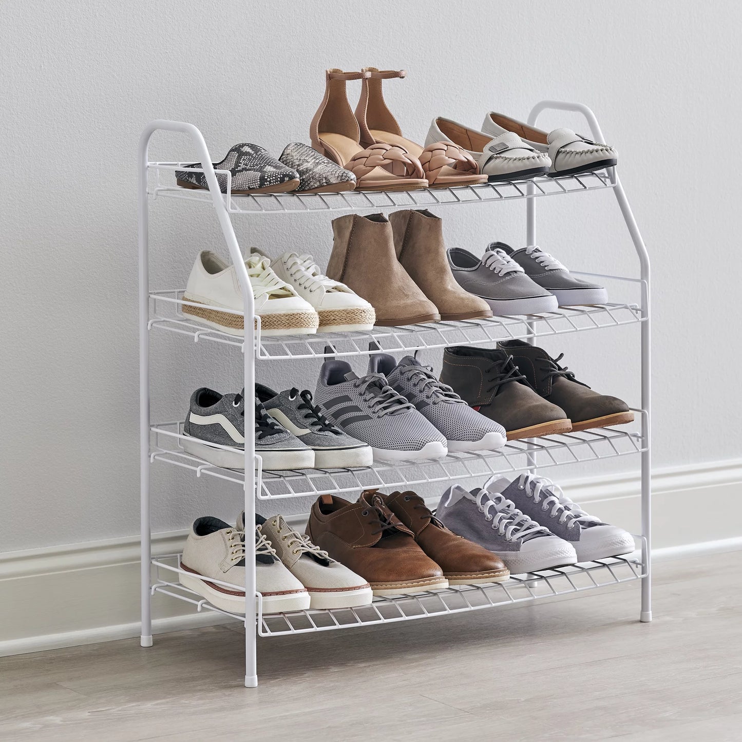 Rubbermaid freestanding 4-tier wire shelf shoe rack and organizer, white