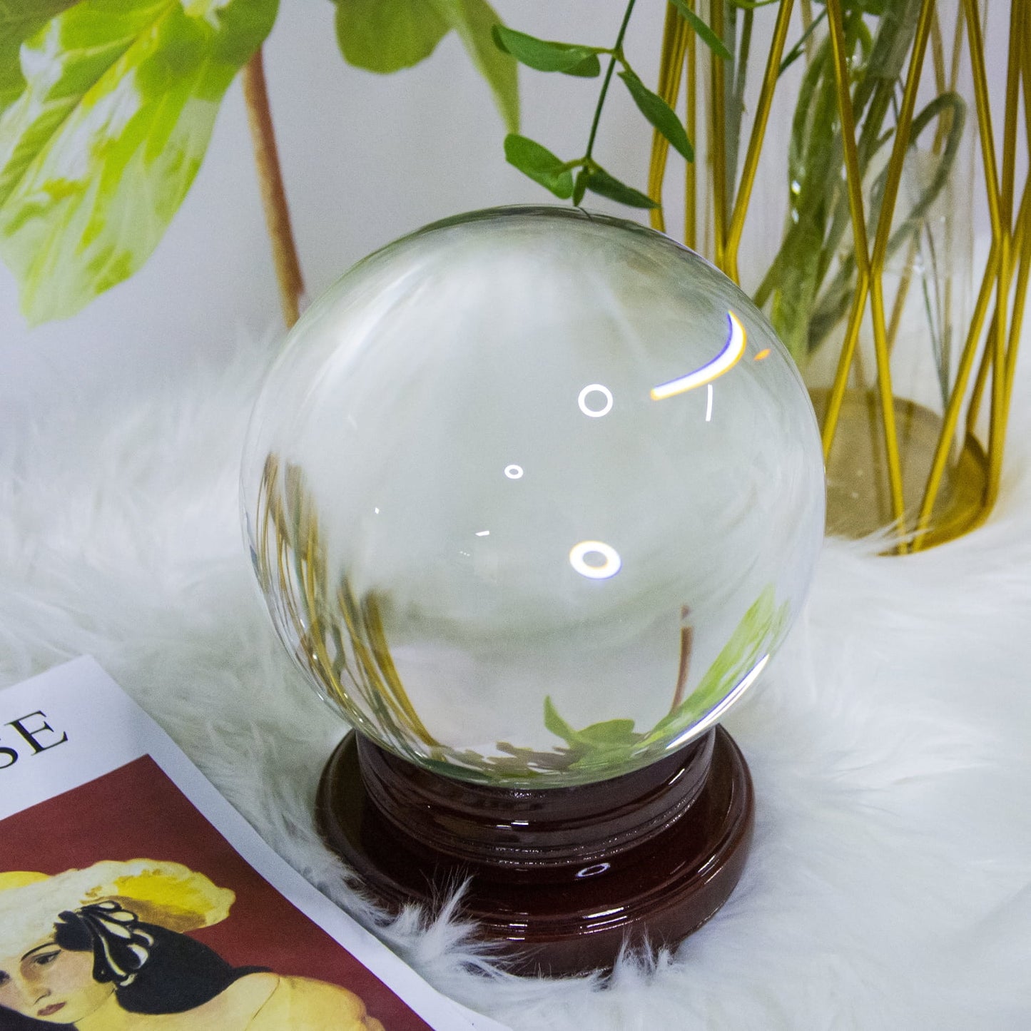 Bimiti 5.9" clear crystal glass ball, 150mm large glass marbles sphere magic witch ball with wood stand for gift