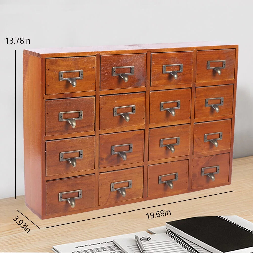 16 drawers vintage wood apothecary medicine cabinet label holder card catalog