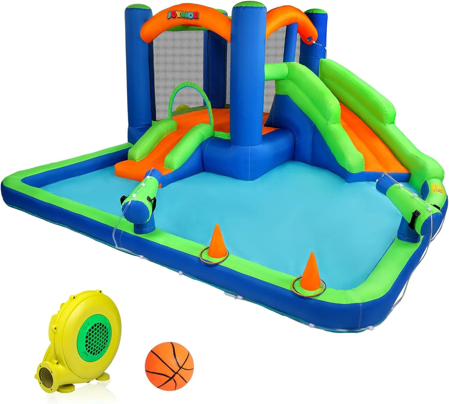 (2024 new) joymor inflatable water slide bounce house for kid 3-6, inflatable water slide w/basketball hoop, water cannon, ring-toss game, inflatable water bounce house w/slides, air blower