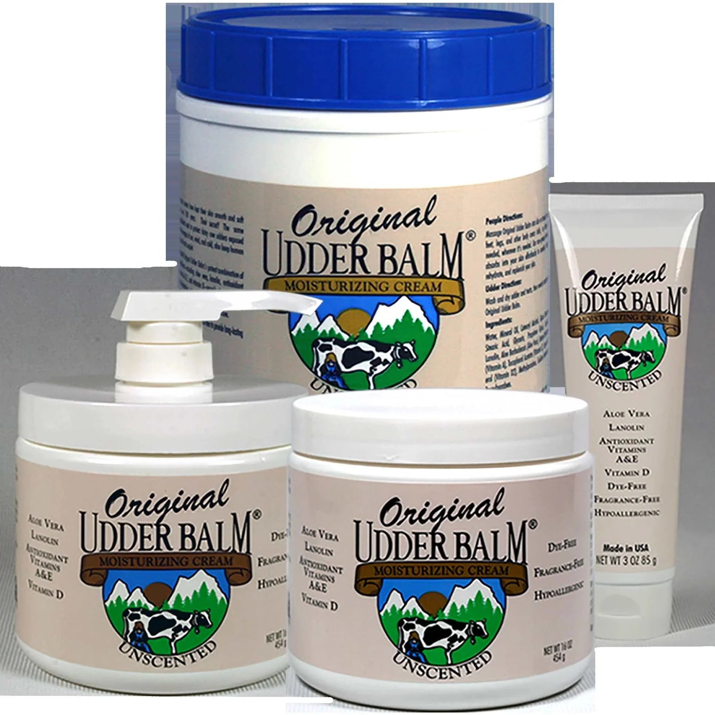 Unscented original udder balm moisturizing cream with aloe & lanolin 16oz pump jar.