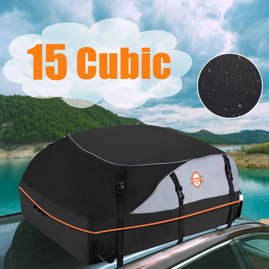 Adnoom car roof bag 100% waterproof rooftop cargo carrier, 16 cu ft car luggage storage bag, soft sided car top carrier bag black, orange