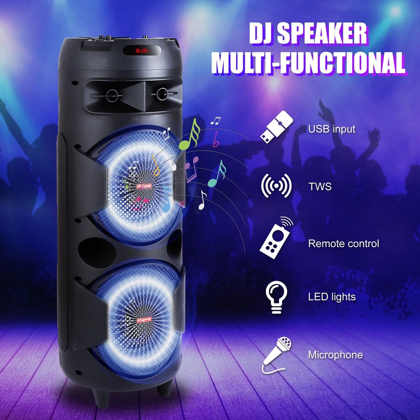 31" portable bluetooth speaker dual 8" subwoofer heavy bass sound system & mic