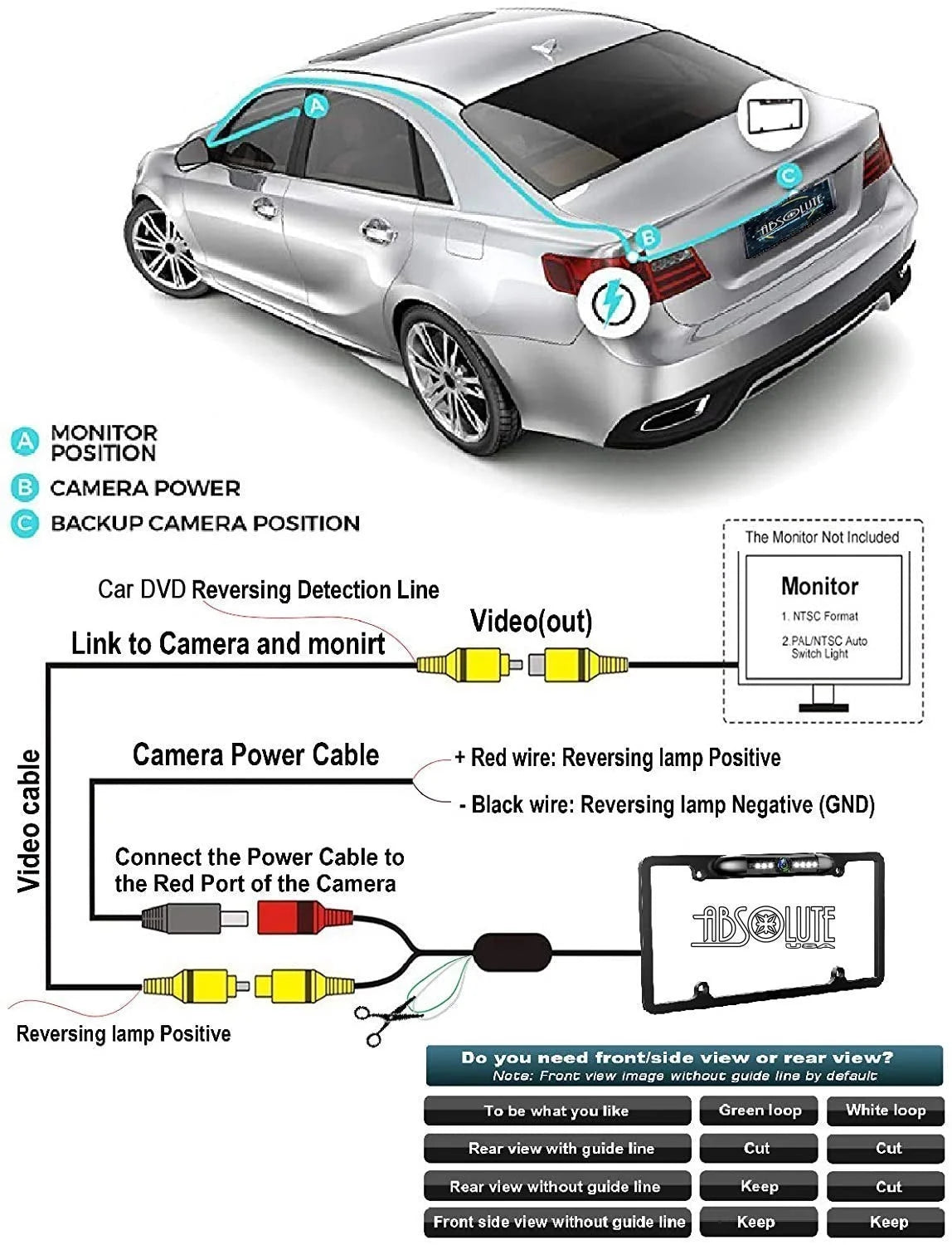 Absolute cam2100s chrome license plate license plate backup hd camera, rear view camera 170° viewing angle universal night vision waterproof high sensitive 8 bright led reversing car camera