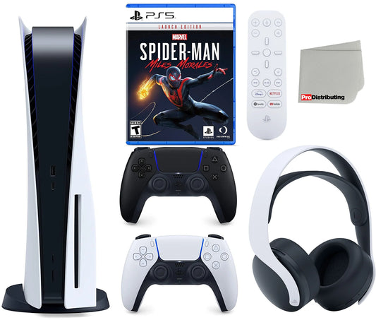 Sony playstation 5 disc version (sony ps5 disc) with midnight black extra controller, headset, media remote, marvel’s spider-man: miles morales launch edition and microfiber cleaning cloth bundle