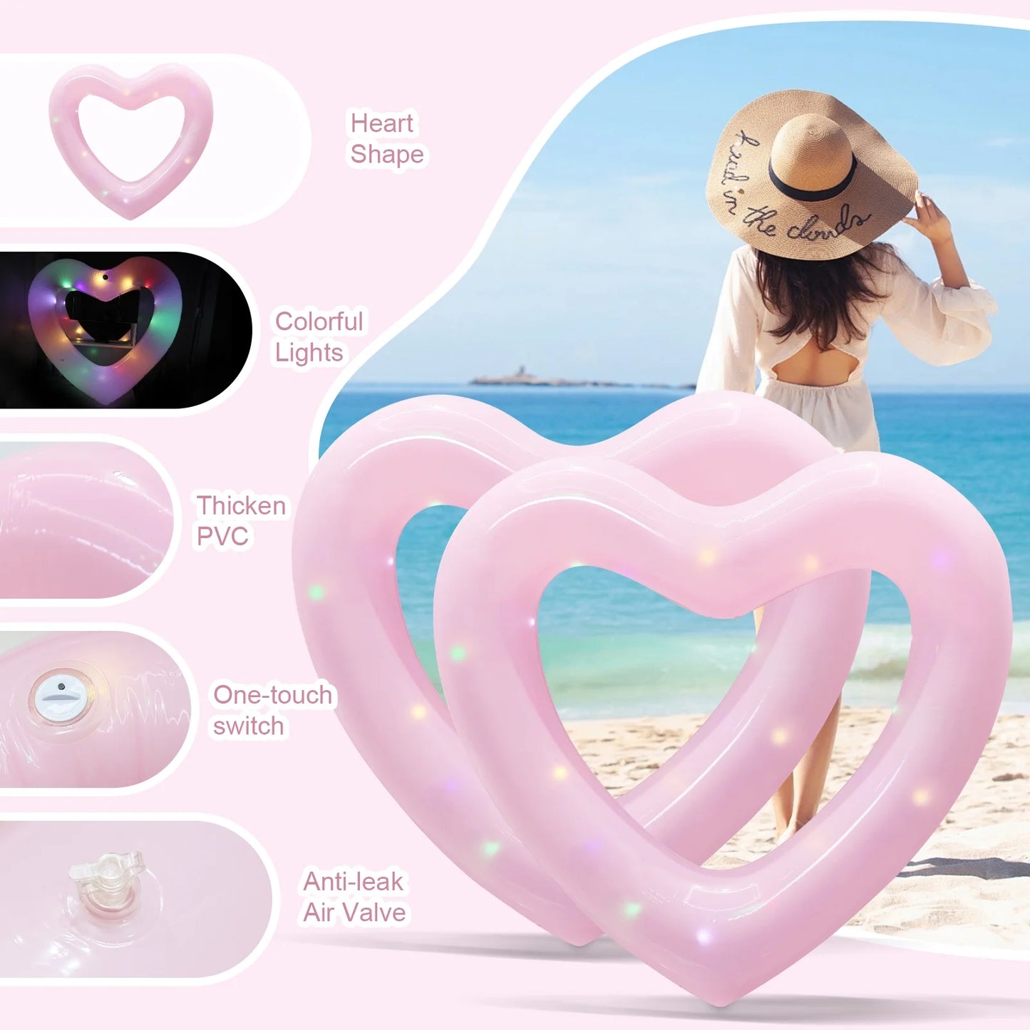 Roamready 2 pcs inflatable pool floats, 47'' heart shaped swim rings with colorful led lights for kids adults, swimming tube toys for summer water parties and beach fun