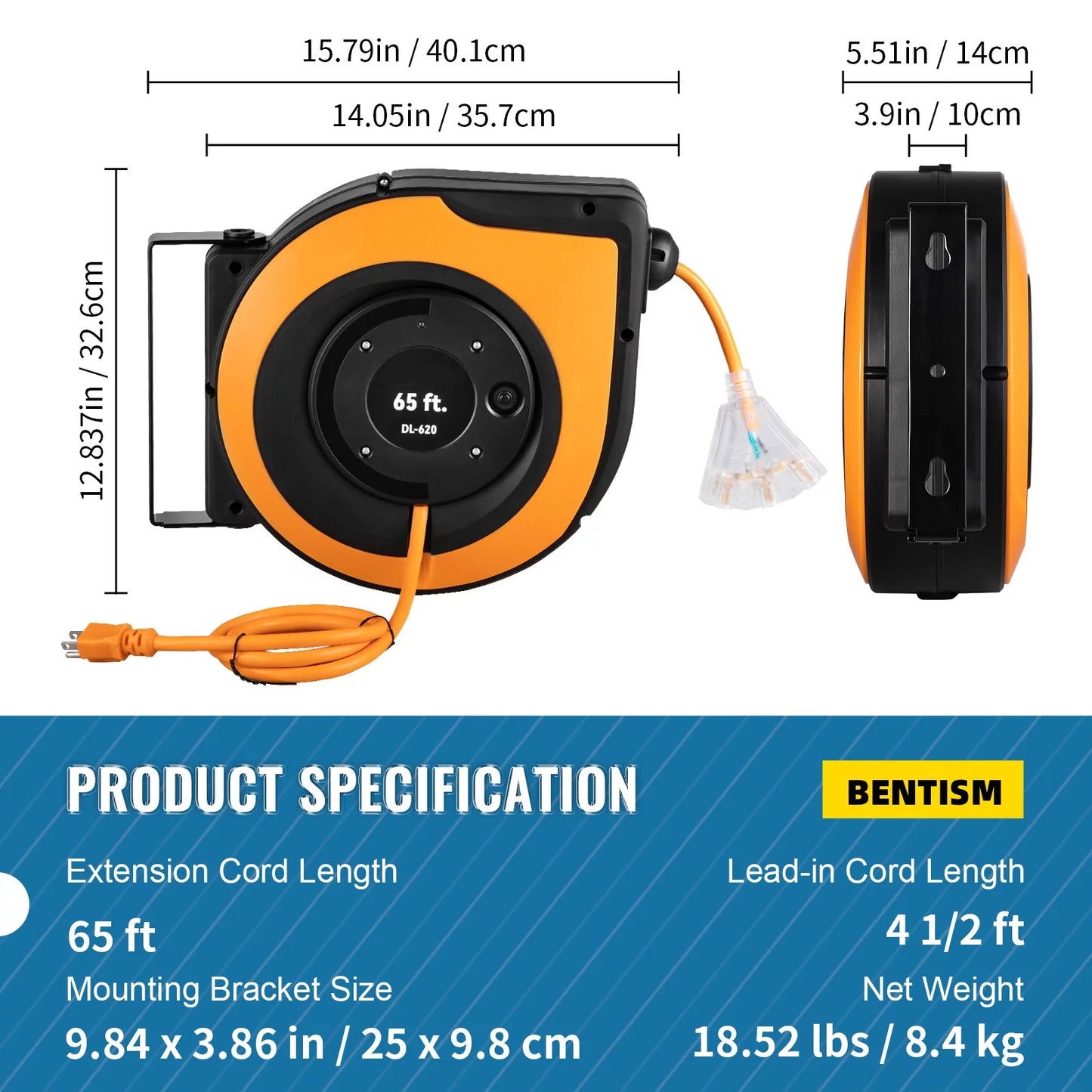 Bentism retractable extension cord reel power cord reel 65ft 12awg/3c sjtow ul