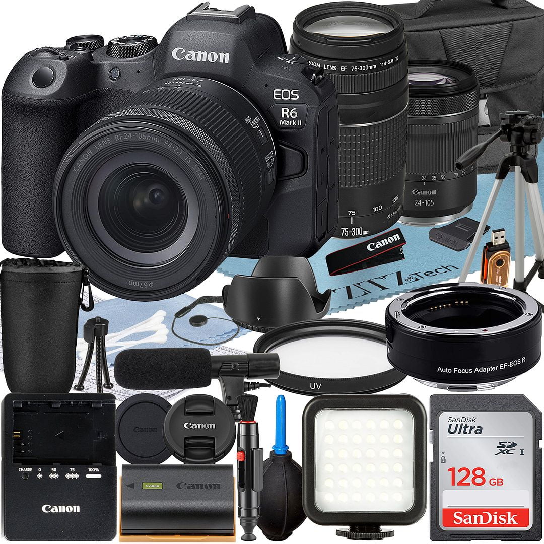 Canon eos r6 mark ii mirrorless camera with rf 24-105mm lens + ef 75-300mm + mount adapter + sandisk 128gb memory card + case + led flash + zeetech accessory bundle