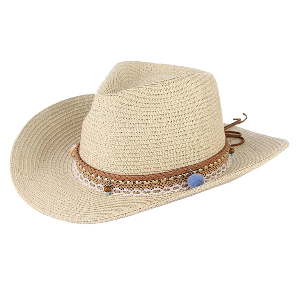 Women straw sun hat cowboy western style big brim floppy packable trilby beige