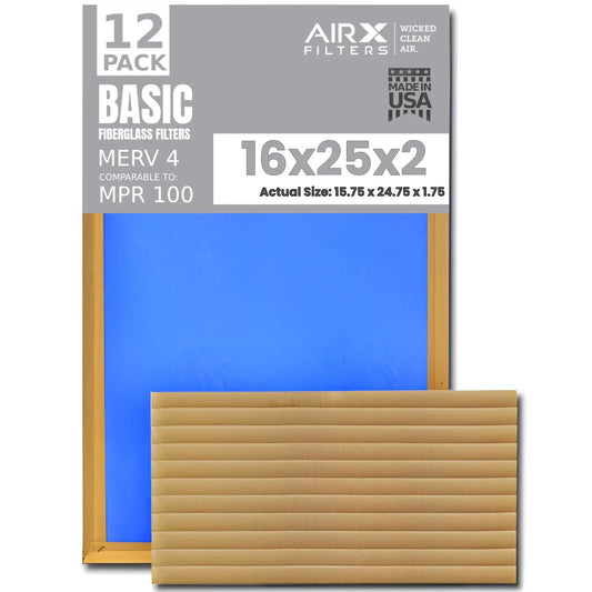 16x25x2 air filter comparable to mpr 100 basic economy furnace filters, 12 pack of non pleated fiberglass filter for dust - low airflow restriction! from airx filters wicked clean air.