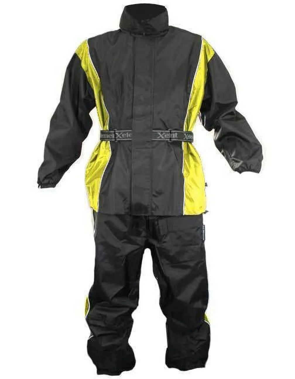 Xelement rn4782 men's black and yellow 2-piece motorcycle rain suit with boot strap medium