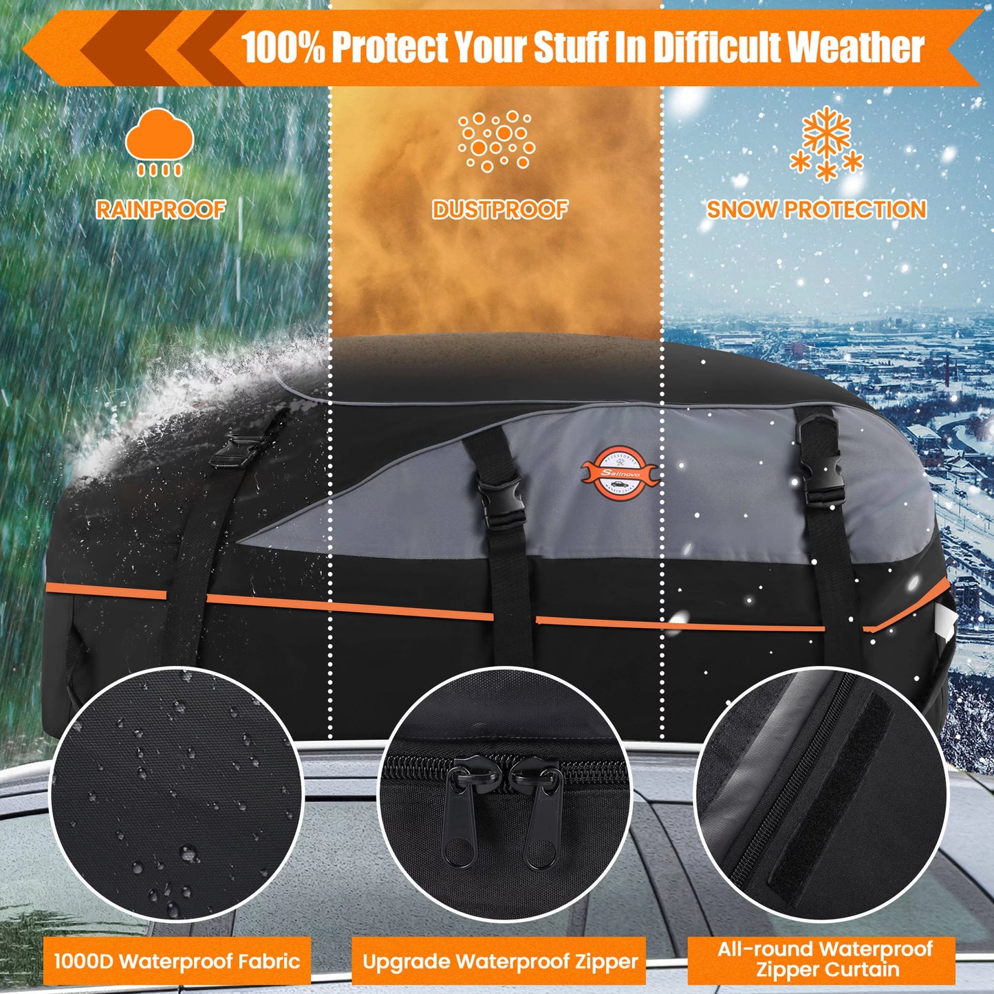 Adnoom car roof bag 100% waterproof rooftop cargo carrier, 16 cu ft car luggage storage bag, soft sided car top carrier bag black, orange