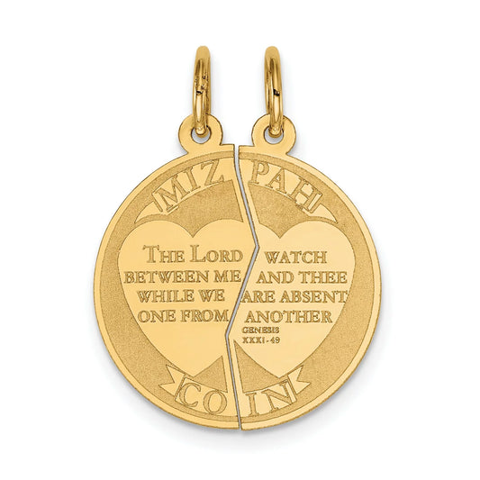 14k yellow gold break apart mizpah coin emotional bond words genesis 31:49 on round charm 26 mm x 20 mm