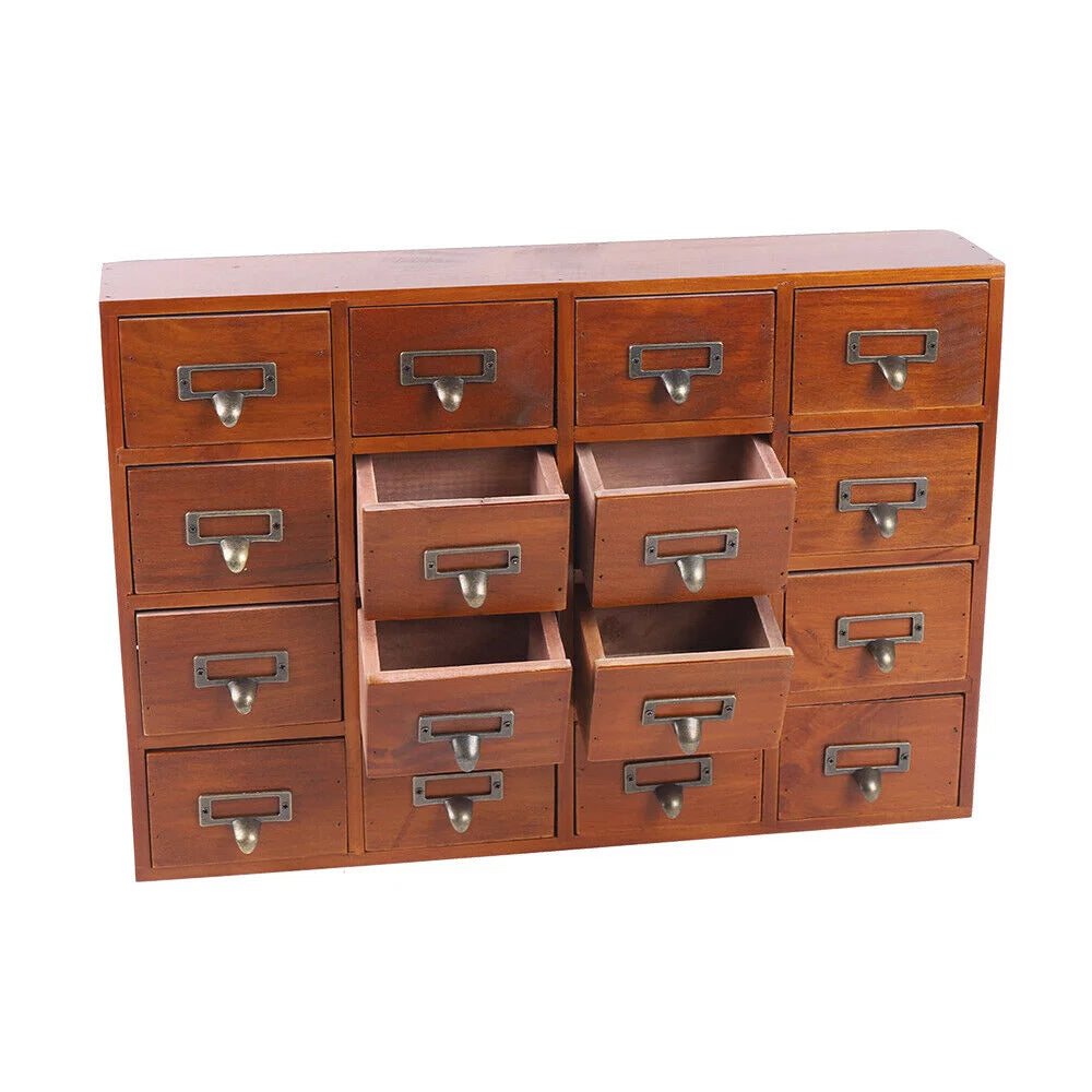 16 drawers vintage wood apothecary medicine cabinet label holder card catalog