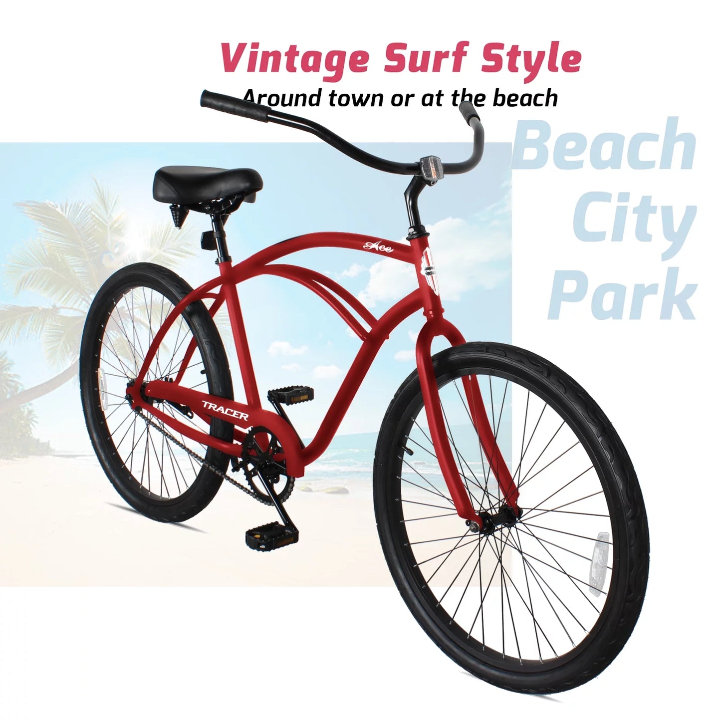 Tracer ace 26 inch beach cruiser bikes single speed with coaster brake for men - red