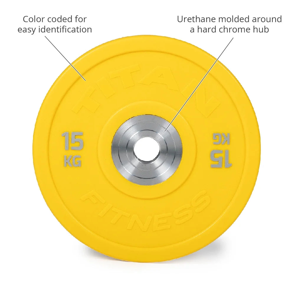 Titan fitness 15 kg color urethane bumper plates, sold individually, yellow colored mold with steel insert