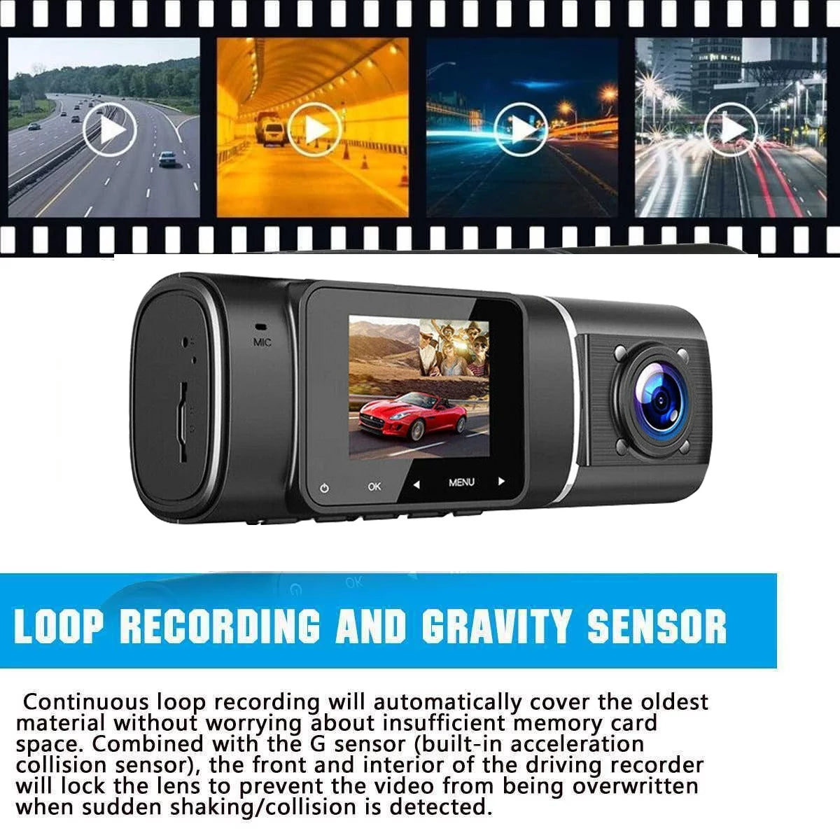 Toguard dual dash cam with ir night vision, fhd 1080p front and 720p inside cabin uber dash camera, 1.5 inch lcd screen