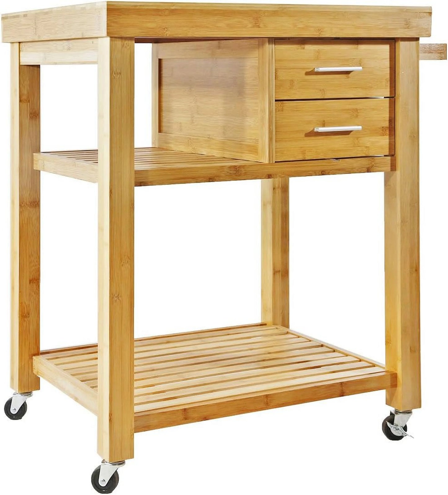 Rolling kitchen island cart with drawers shelves, towel rack, locking casters, butcher block food prepping cart trolley on wheels, bamboo wood