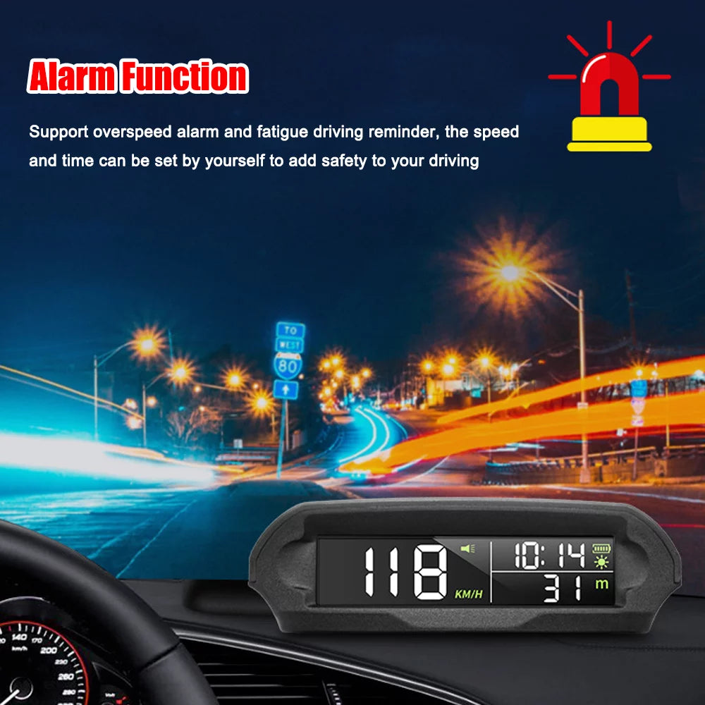 Wireless solar car gps speedometer: head-up display - lcd screen - overspeed alarm - kmh/mph - time/altitude/temperature/speed display - enhance your driving experience