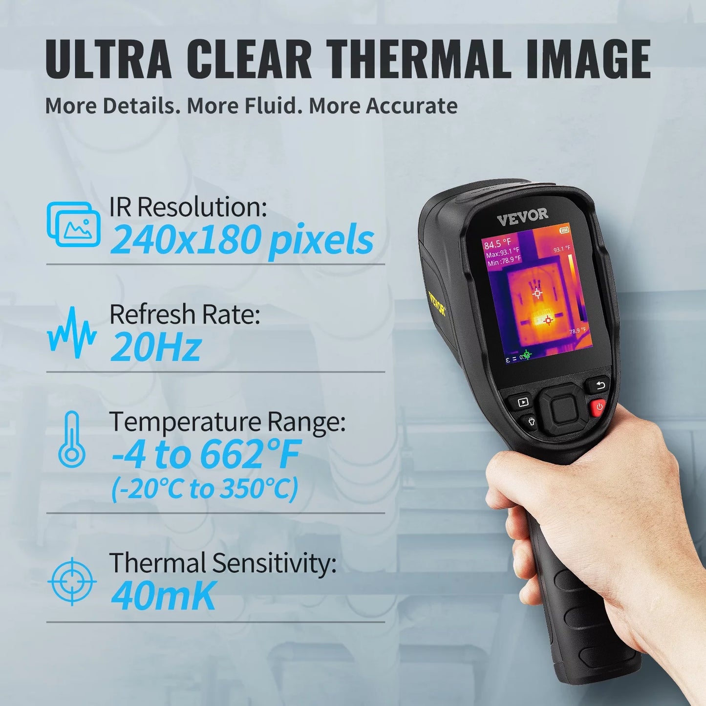 Vevor thermal imaging camera, 240x180 ir resolution (43200 pixels), 20hz refresh rate infrared camera with -4℉~662℉ temperature range, 16g built-in sd card, and rechargeable li-ion battery