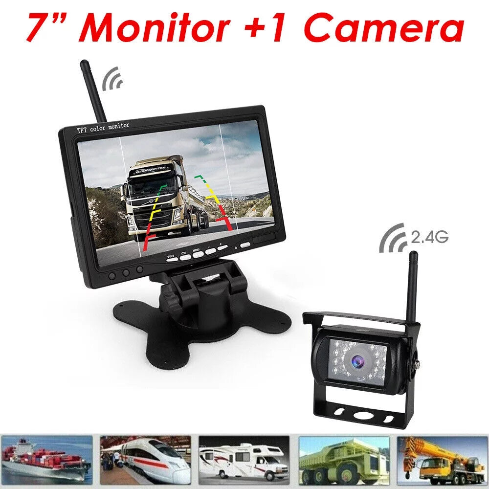 1pack waterproof backup camera with 7" monitor kit: night vision, wireless vehicle parking system for rv, bus, trailer, truck