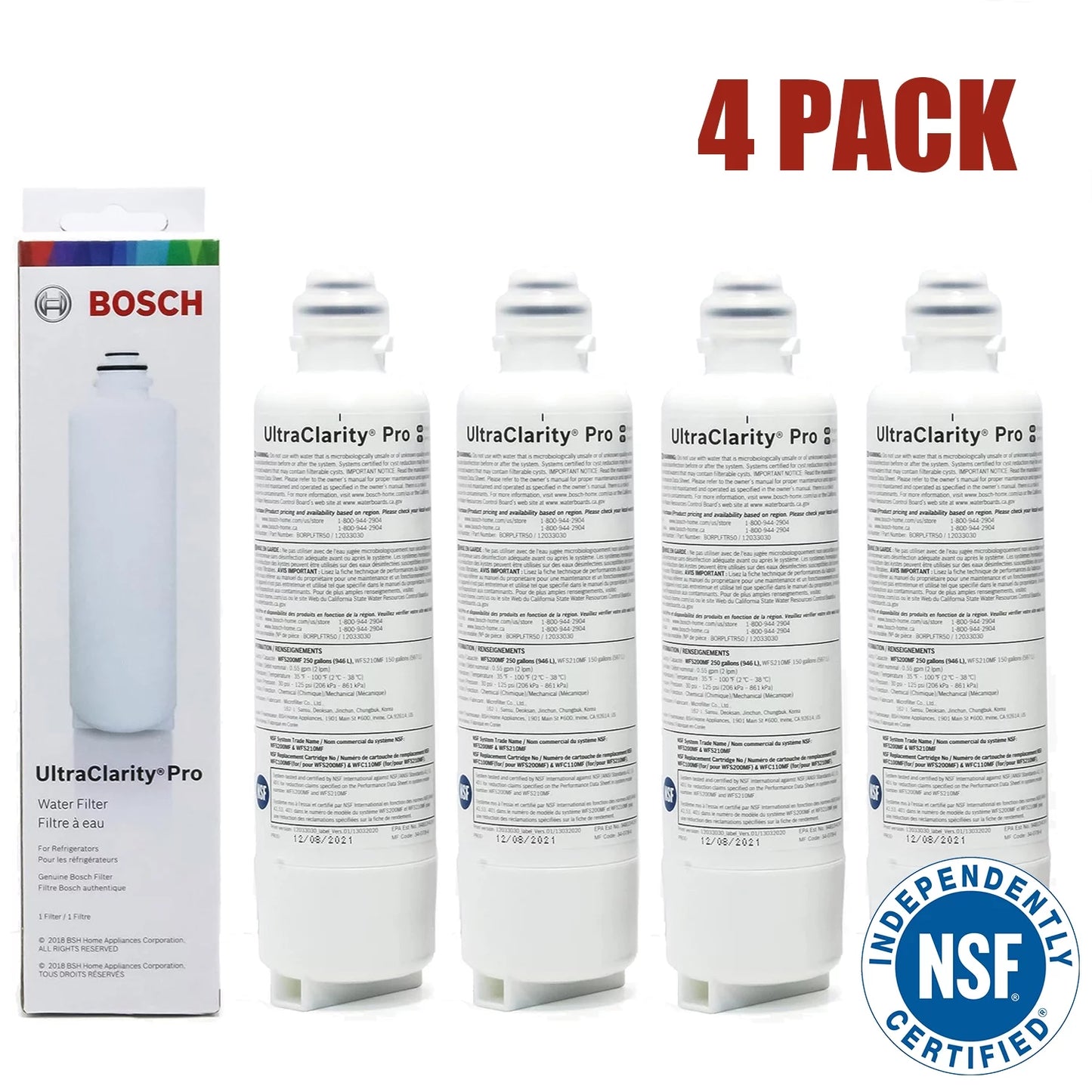 Bosch ultraclarity pro water filter, borplftr50,borplftr55, ra450022, replfltr55 replacement/compatible pack of 4