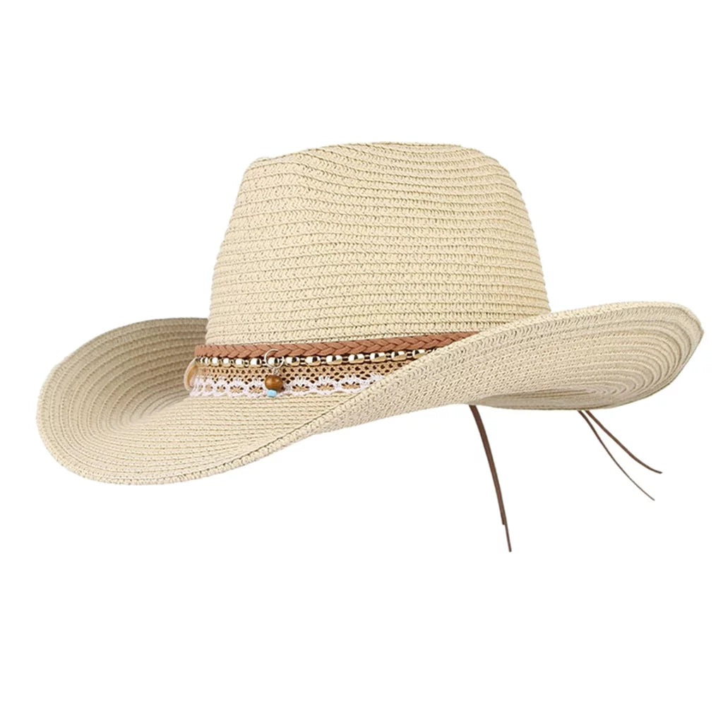 Women straw sun hat cowboy western style big brim floppy packable trilby beige