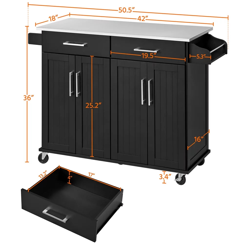 Topeakmart rolling kitchen island with storage drawers & towel bar & spice rack, black