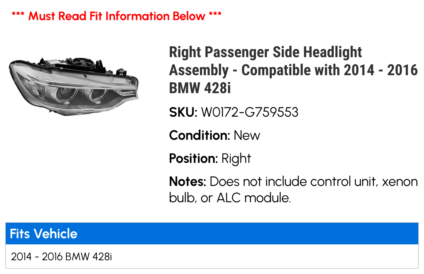 Right passenger side bi-xenon adaptive headlight assembly - compatible with 2014 - 2016 bmw 428i 2015