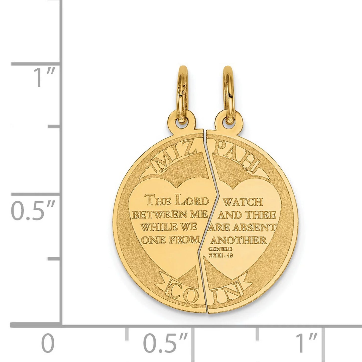 14k yellow gold break apart mizpah coin emotional bond words genesis 31:49 on round charm 26 mm x 20 mm