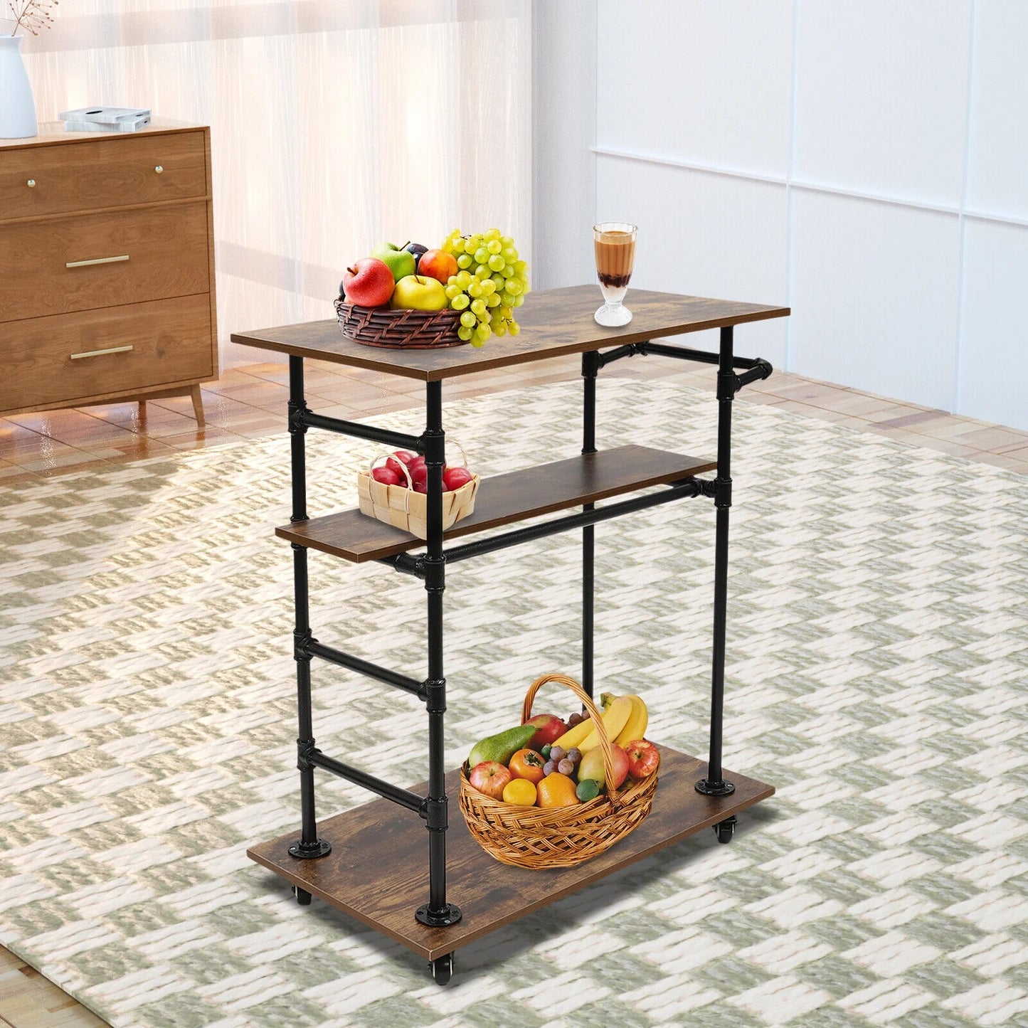 3 layers 31.5"l x17.7"w x39.4"h kitchen cart removable hooks w/ universal wheels