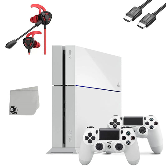 Sony playstation 4 original 500gb matte white gaming console with 2 controller + g9 earbuds with microphone bolt axtion bundle used