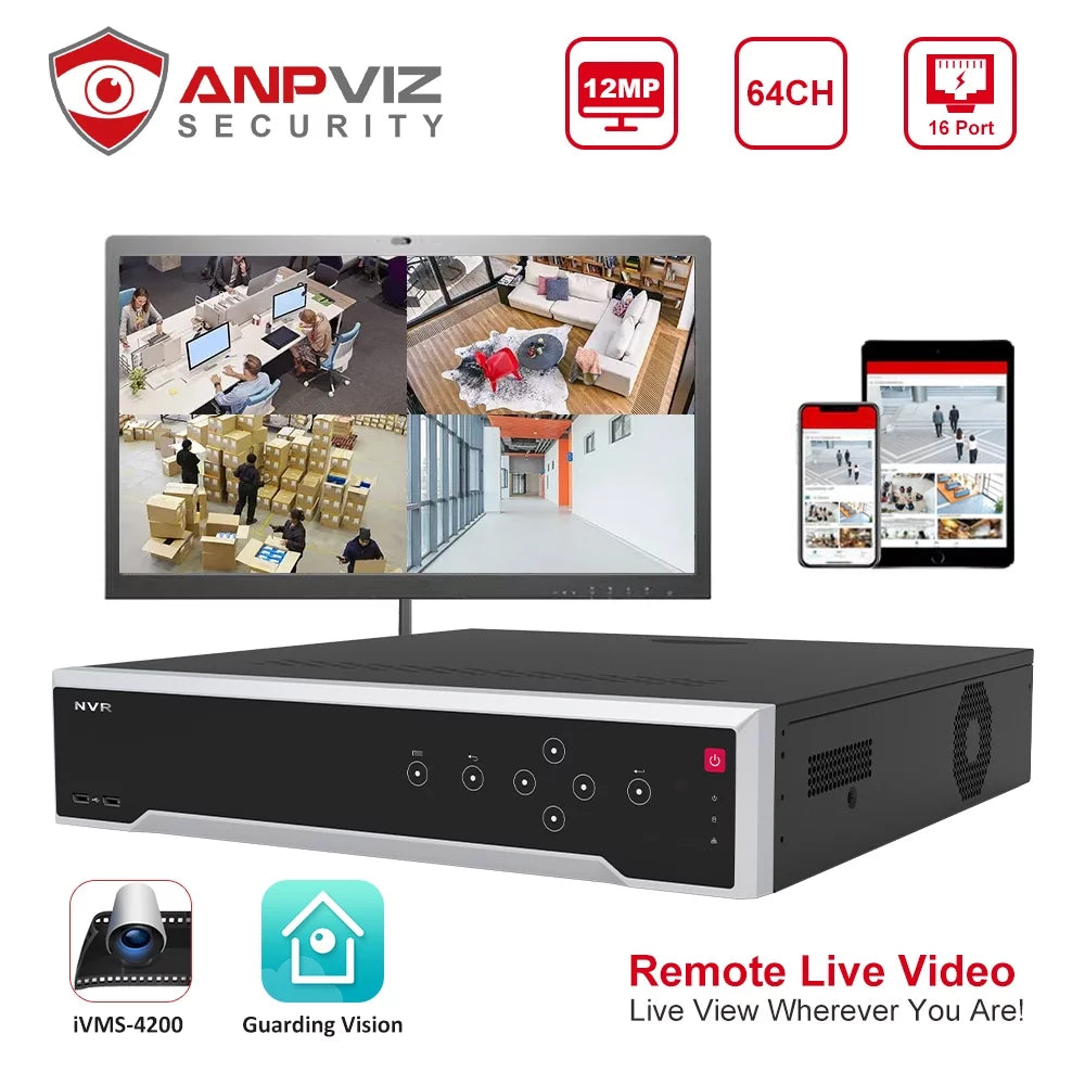 Anpviz 4k 12mp 64ch poe network video recorder nvr, embedded plug & play for 24/7 video recording, hdmi/vga simultaneous output