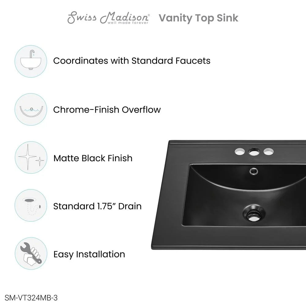 24" vanity top bathroom sink with 4" centerset faucet holes in matte black