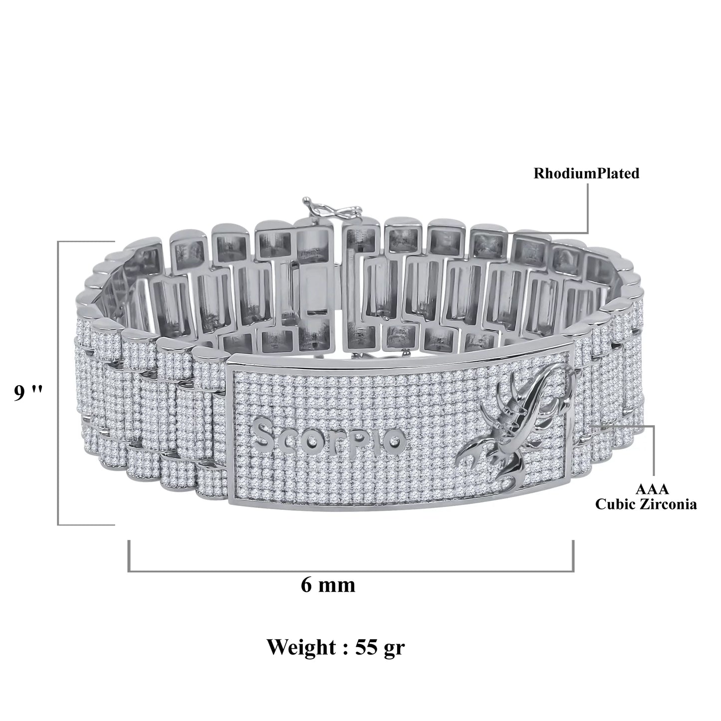 Zodiac sign scorpio 14k white gold finish simulated diamonds mens link bracelet 8.5''