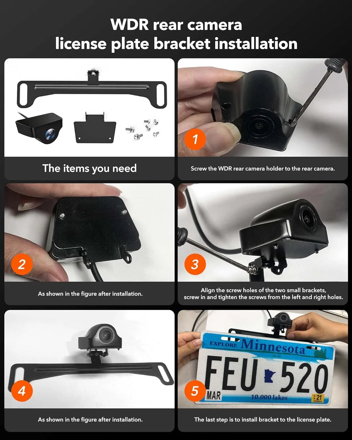 Reverse rear camera license plate bracket, car dash cam mirror camera kit rearview camera mount, installation