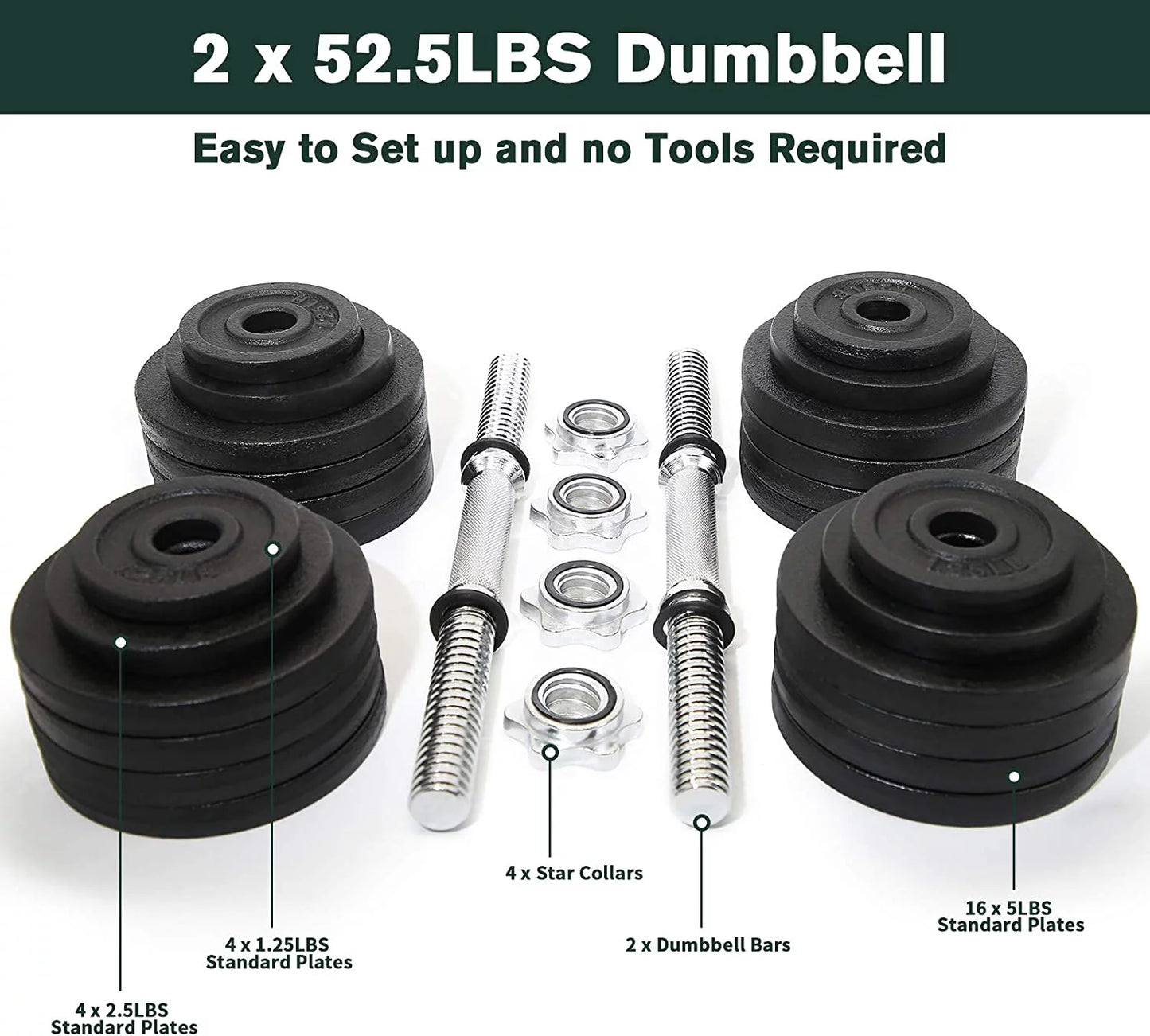 Adjustable weight cast iron dumbbells set 105lbs