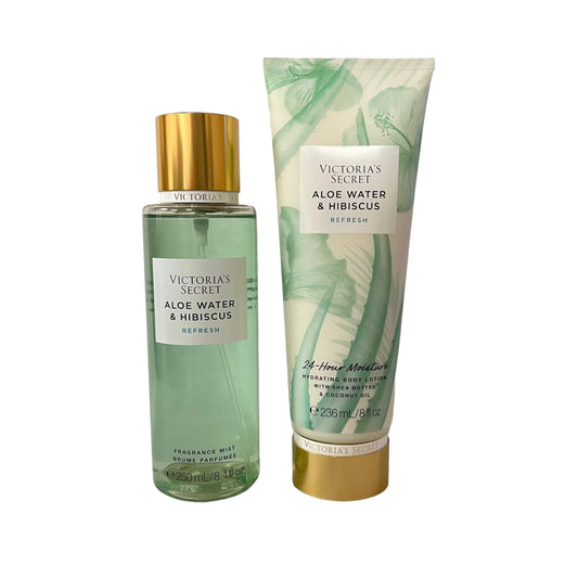 Victoria's secret aloe water & hibiscus natural beauty fragrance mist & body lotion set