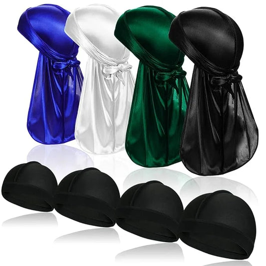 Asknoto 4 pcs silky men durag headwraps with long tail and 4 pcs silk wave cap perfect for 360 waves