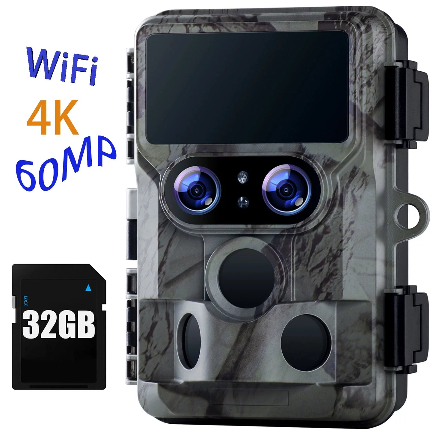 Campark native 4k 60mp 30fps trail game cameras wifi, starlight night vision dual lens bluetooth waterproof wildlife camera with imx458 sensors outdoor hunting deer cam with sd card