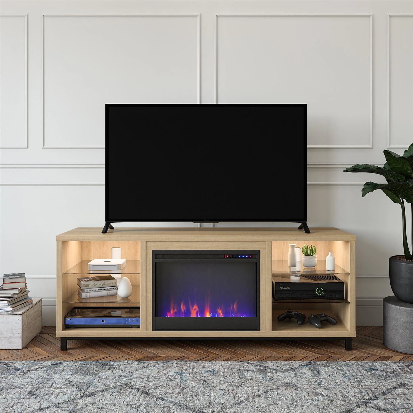 Ameriwood home lumina deluxe fireplace tv stand for tvs up to 70" in blonde oak